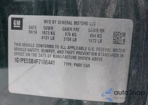 2015 Chevrolet Cruze 2Lt Auto from USA, damaged, VIN 1G1PE5SB4F7106441